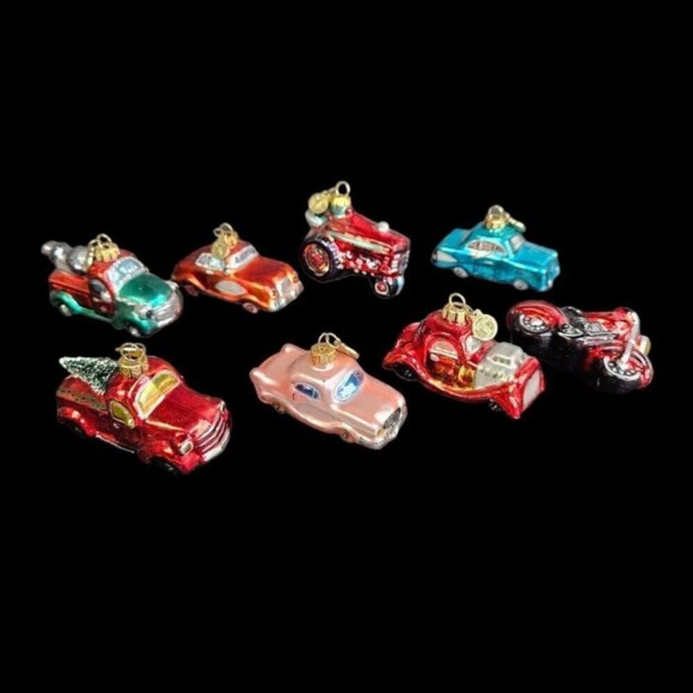 Department 56 Tiny Trimmings 8 Mini Glass Ornaments Vehicles Cars Truck Tractor